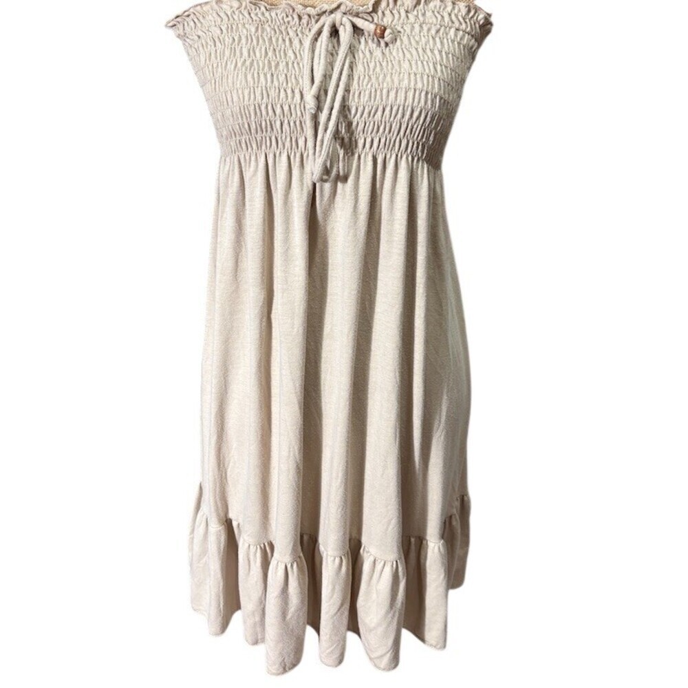 No Boundaries Dress Womens Size M Beige Strapless Midi Boho Coquette Dainty